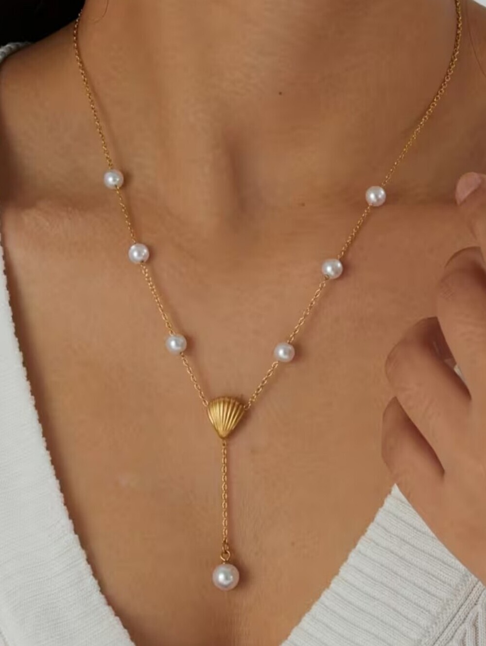Stainless Steel Gold Plated Pearl Necklace with Shell - Women Jewelry
